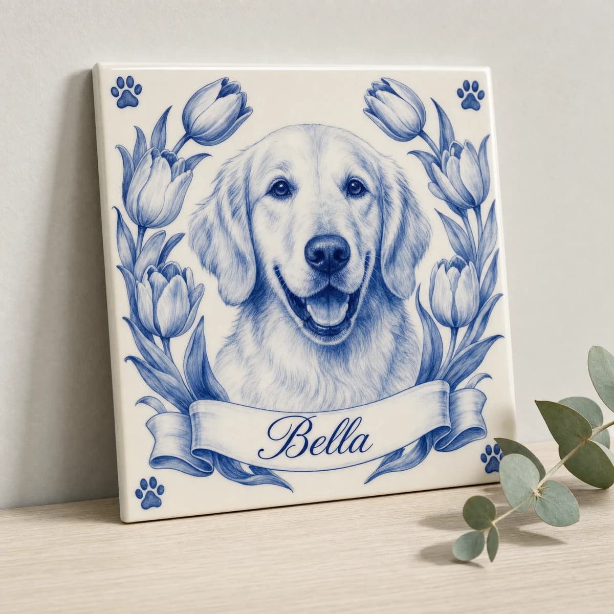 Fototegeltje als cadeau voor huisdier, in een gestileerde scène