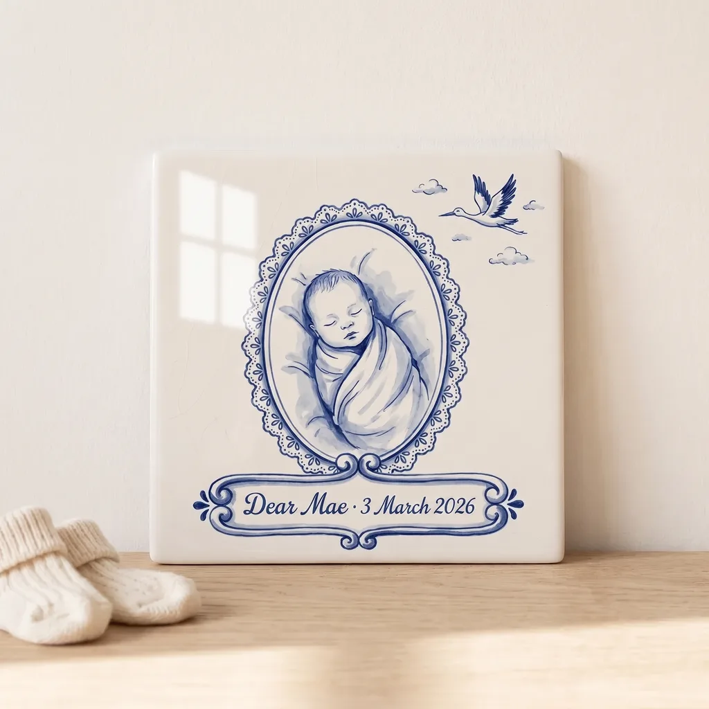 Fototegeltje als cadeau voor kraamcadeau, in een gestileerde scène