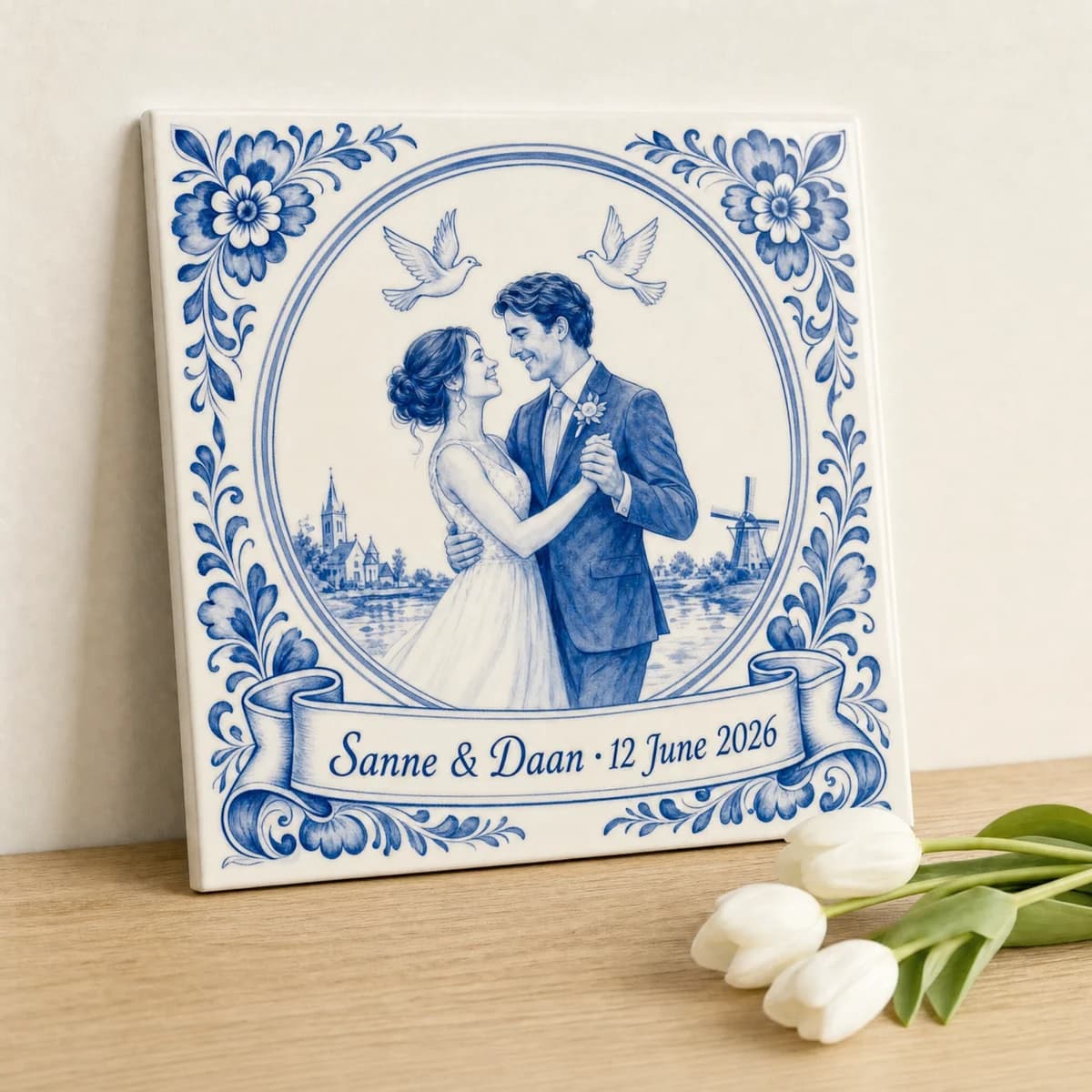 Fototegeltje als cadeau voor trouwcadeau, in een gestileerde scène
