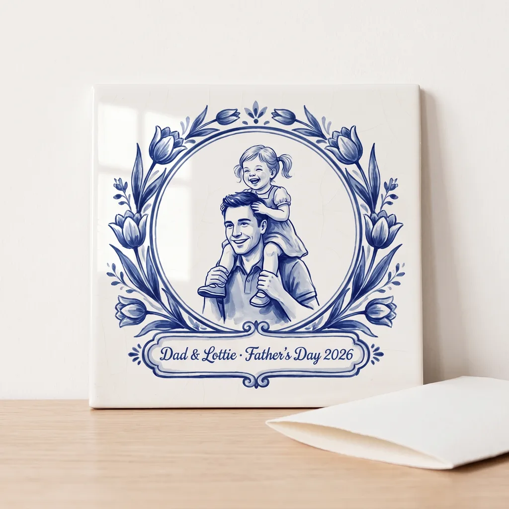 Fototegeltje als cadeau voor vaderdag, in een gestileerde scène