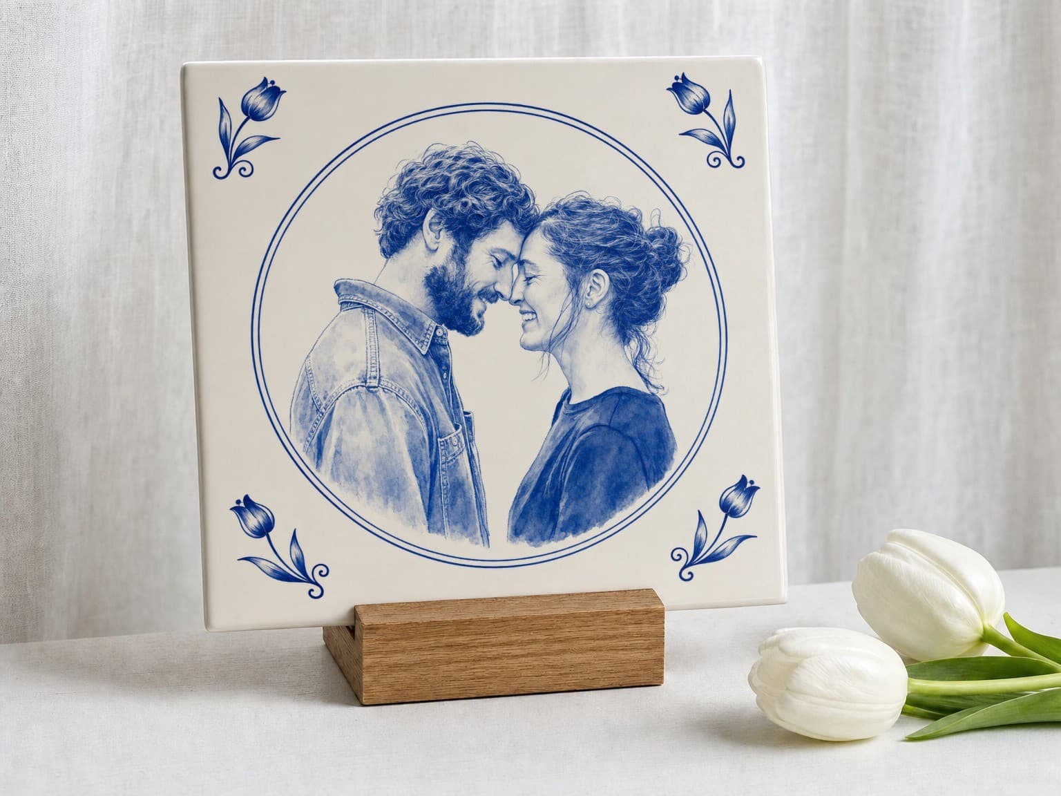Delft Blue photo tile with a couple in a tulip border, in a wooden tile holder next to white tulips