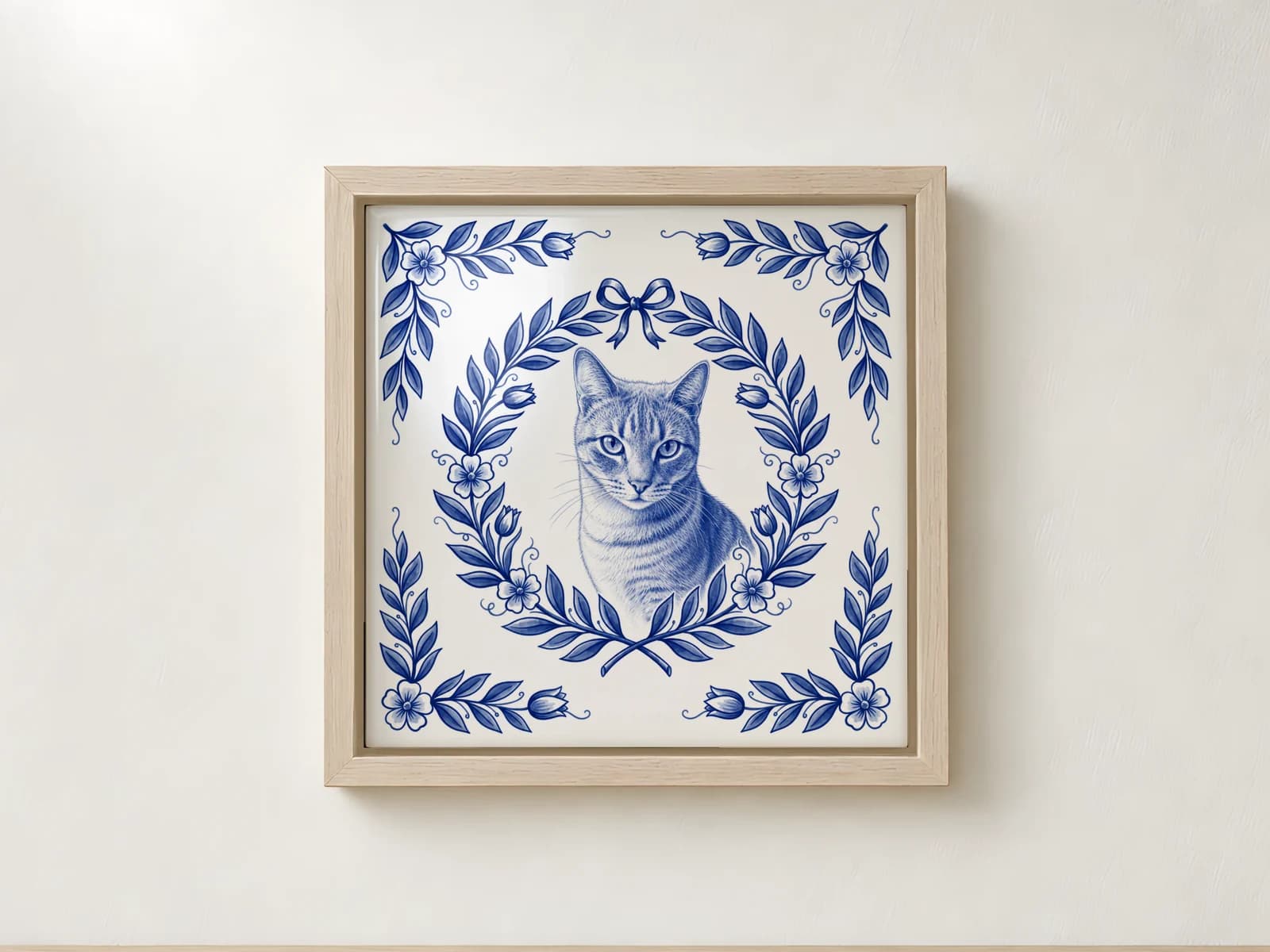 Delft Blue photo tile in a wooden tile frame on the wall