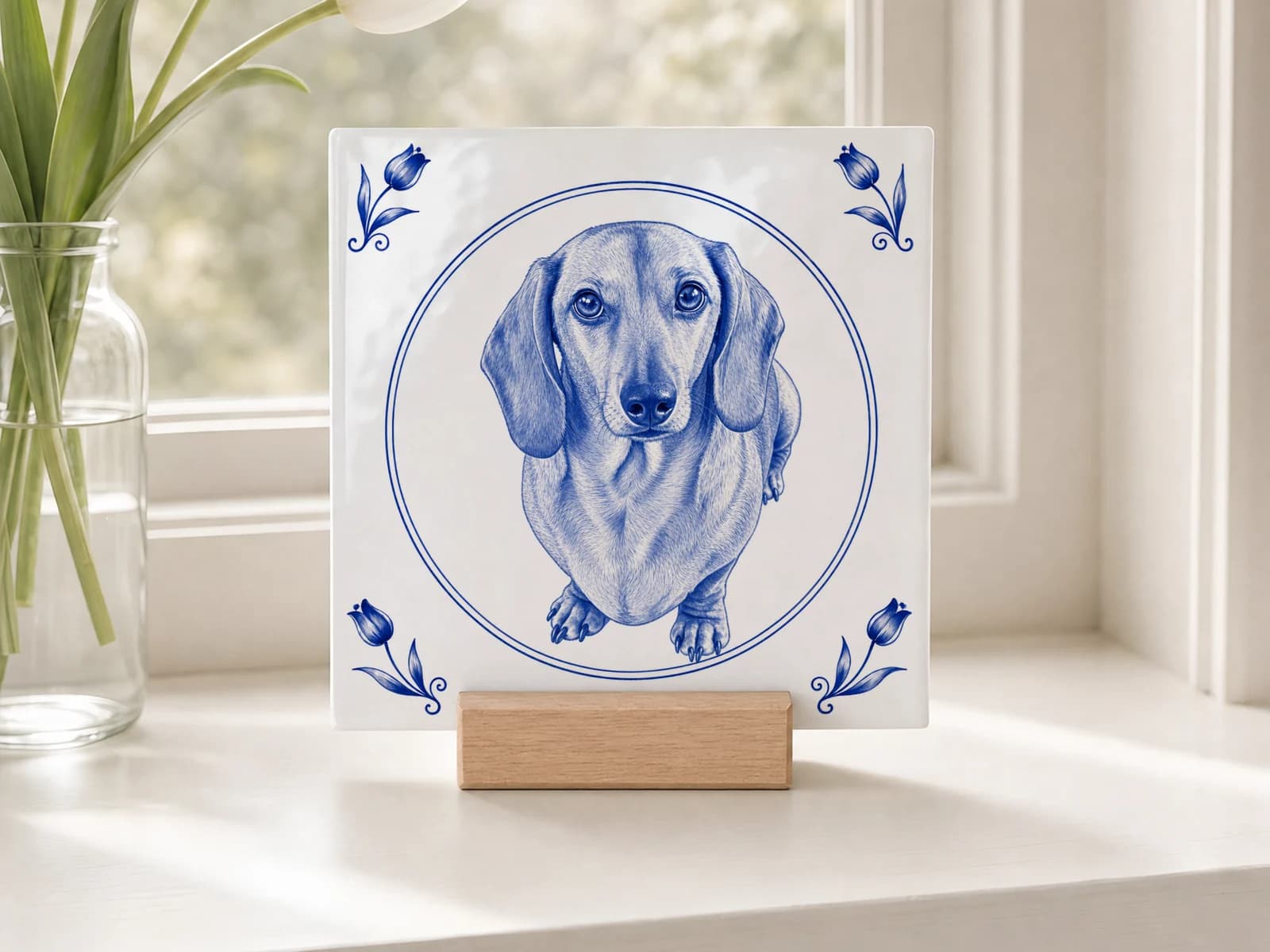 Delft Blue tile with a dog next to white tulips on a windowsill
