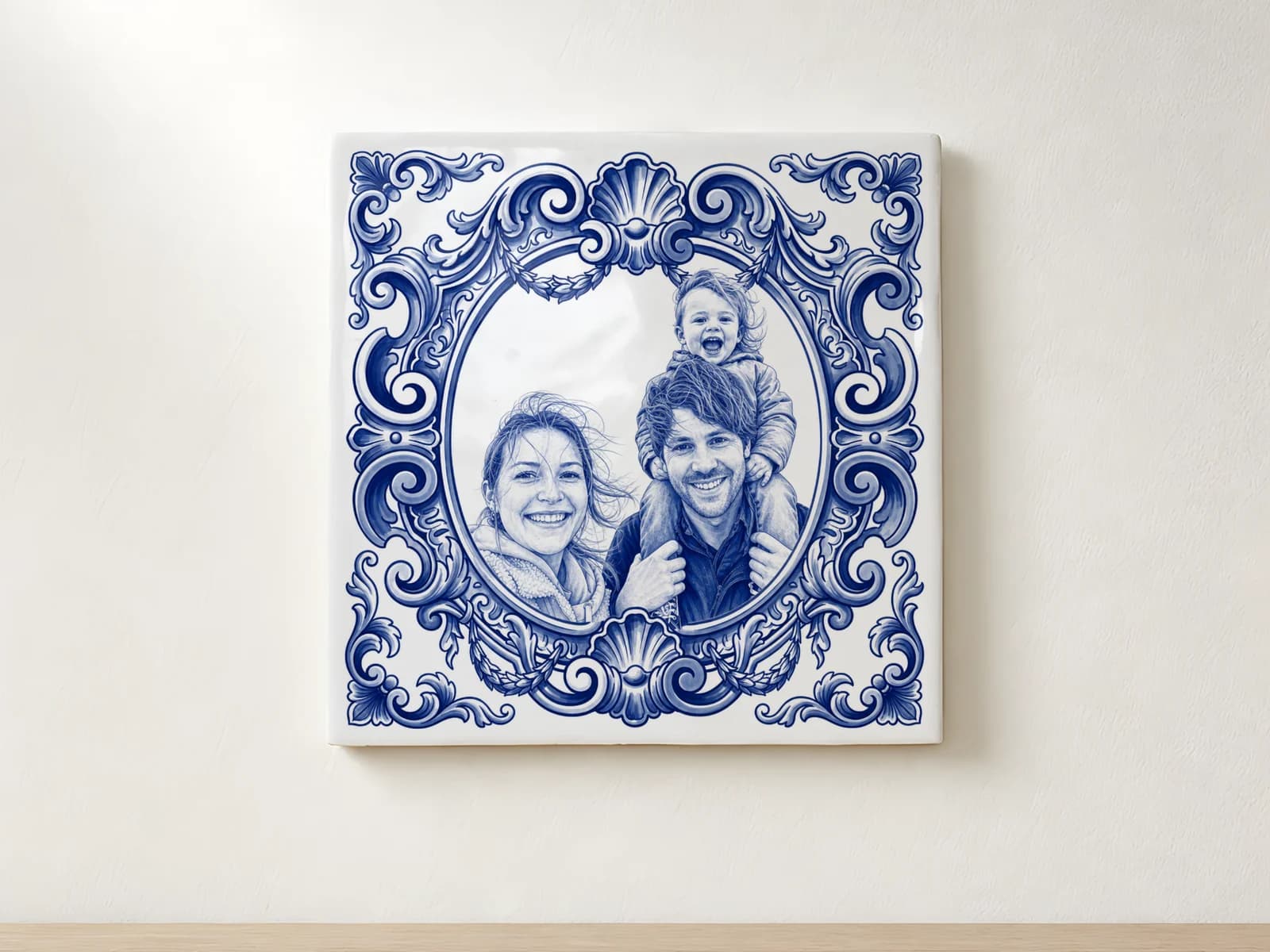 Delft Blue photo tile hanging from a hook on a light wall