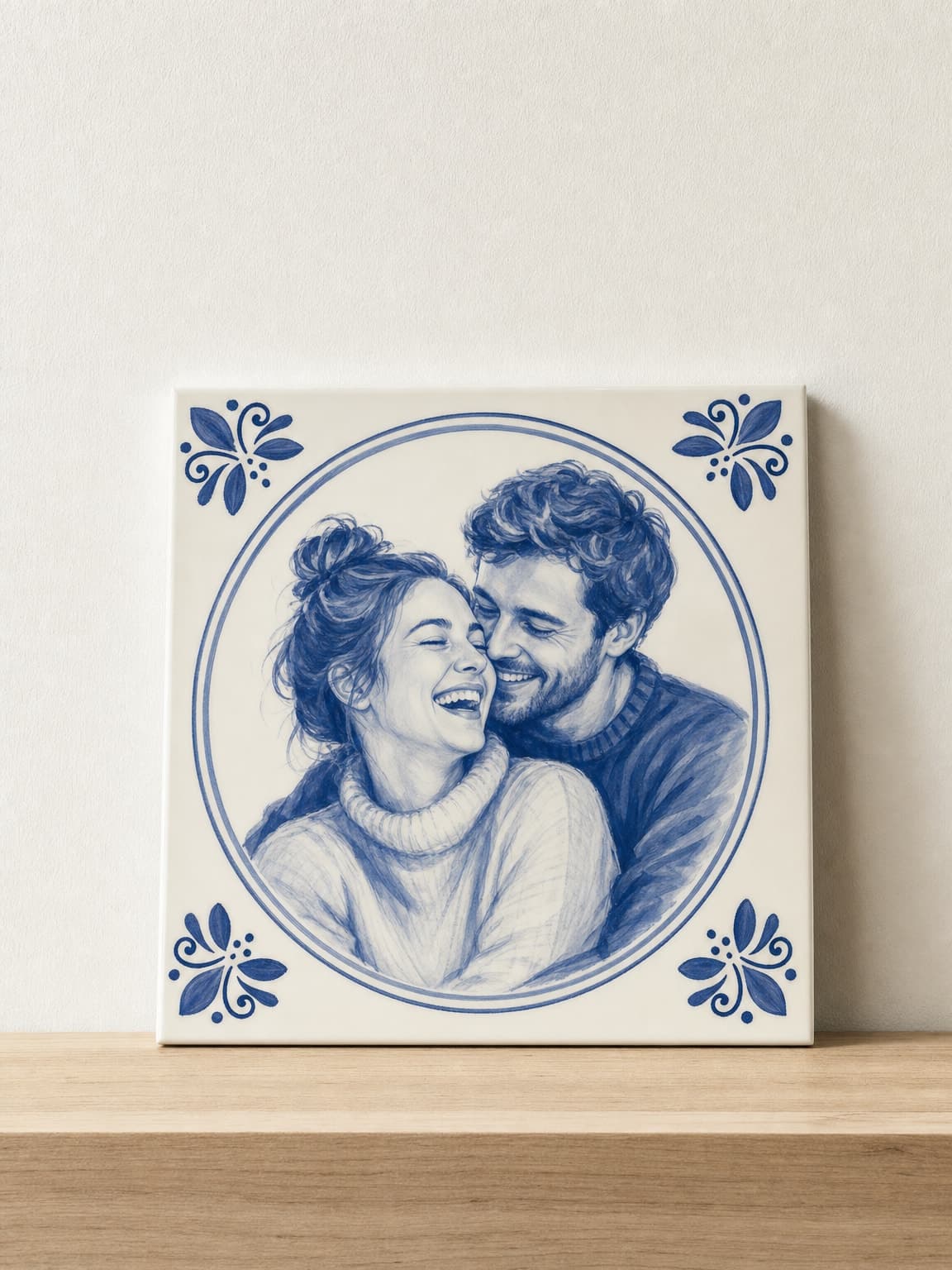Iemand houdt een Delfts blauw fototegeltje vast